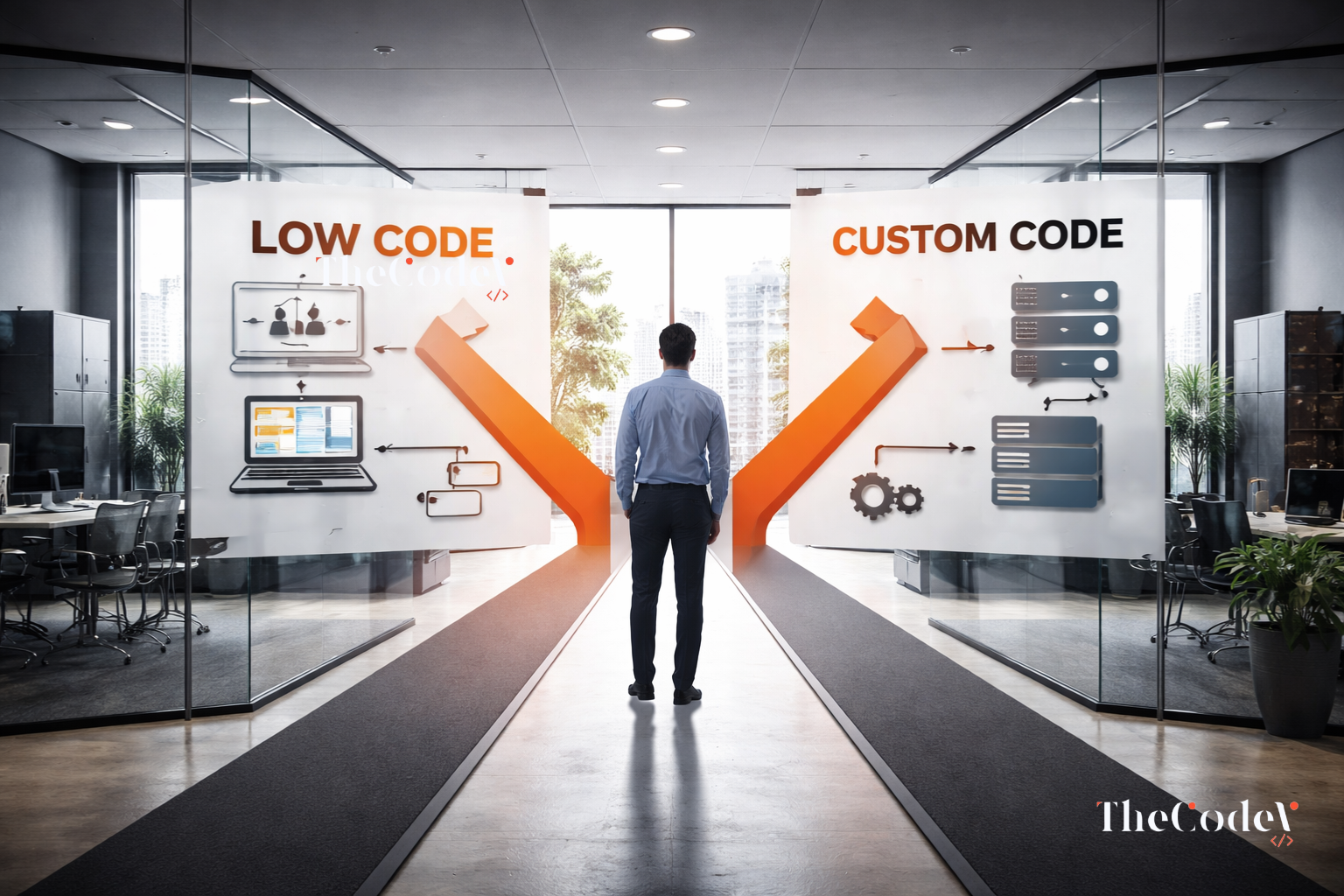 Strategic diagram comparing low code vs custom development in a UK startup architecture context